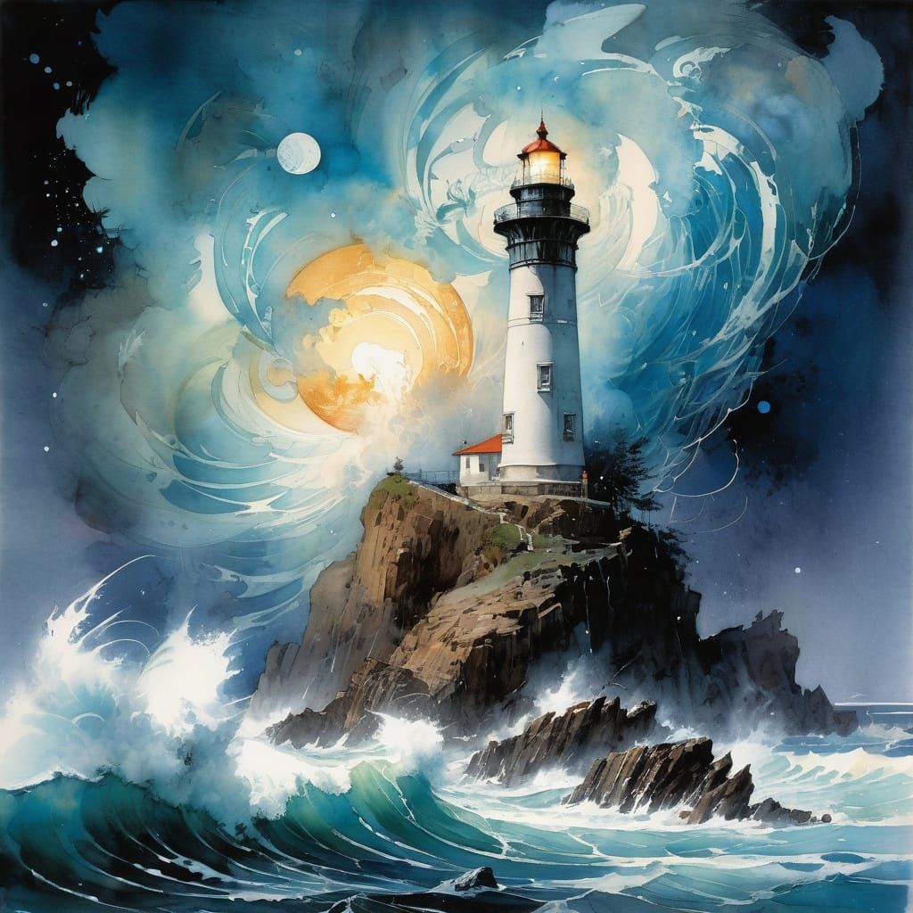 Stormy Ocean Lighthouse Under Astral Sky, Watercolor Art