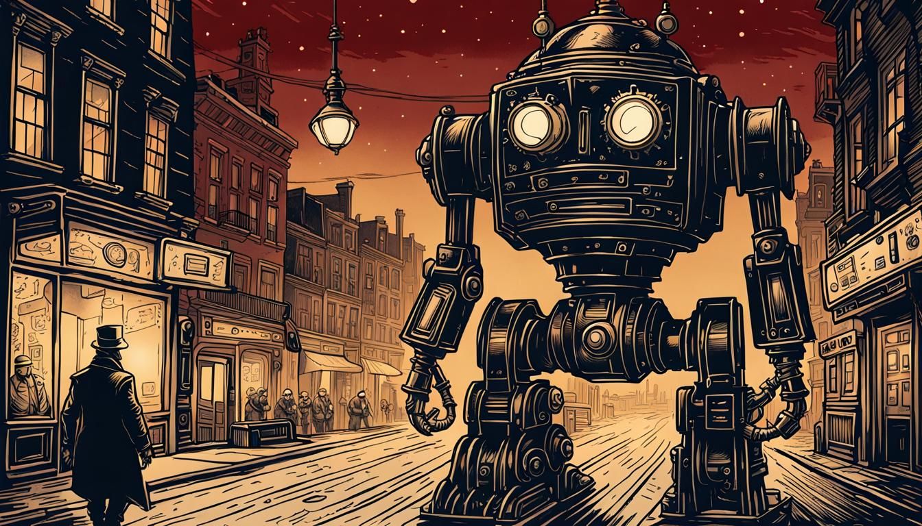 Retro Sci-Fi Robot in Red Light District Line Art