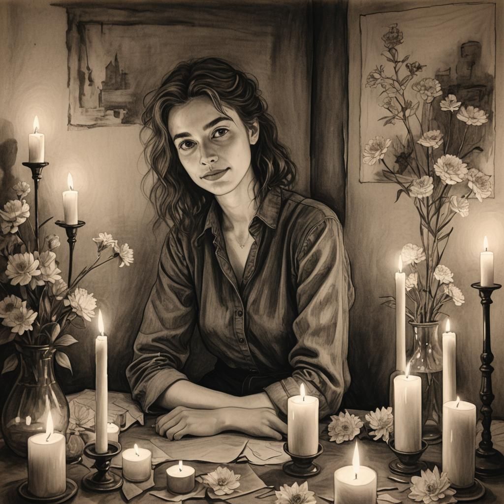 Charcoal Portrait of Woman with Candles and Flowers
