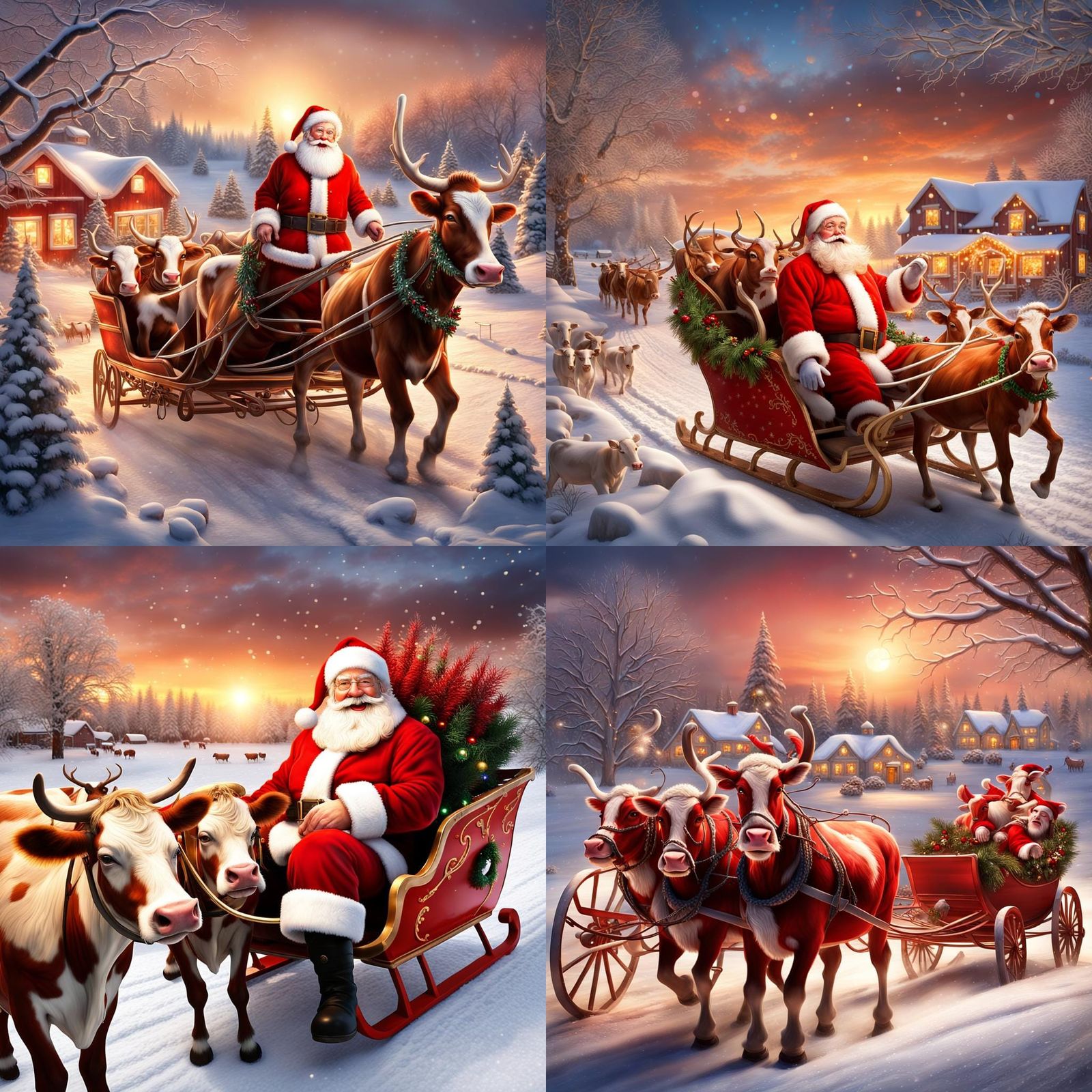 Festive Christmas Scene: Santa's Sleigh Pulled by Cows