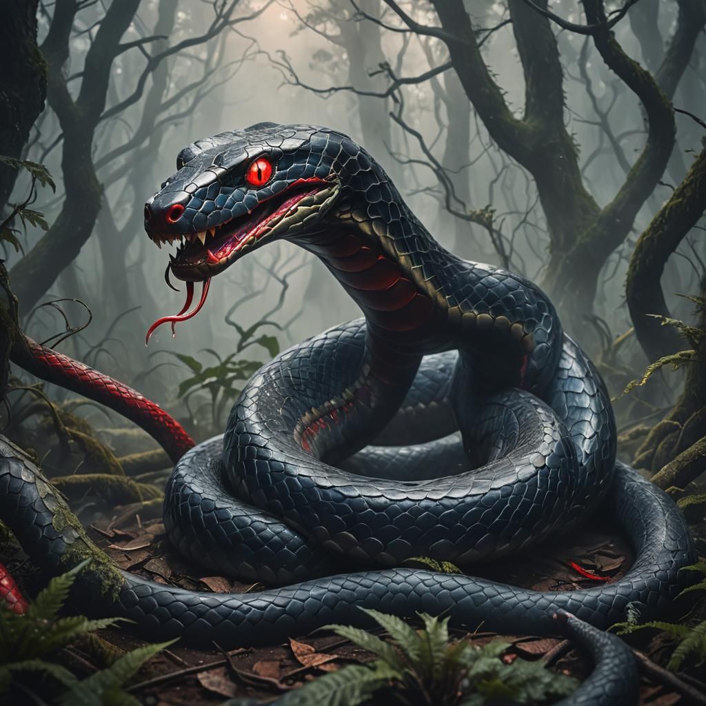 Crimson-Eyed Snake in Misty Forest: Fantasy Art