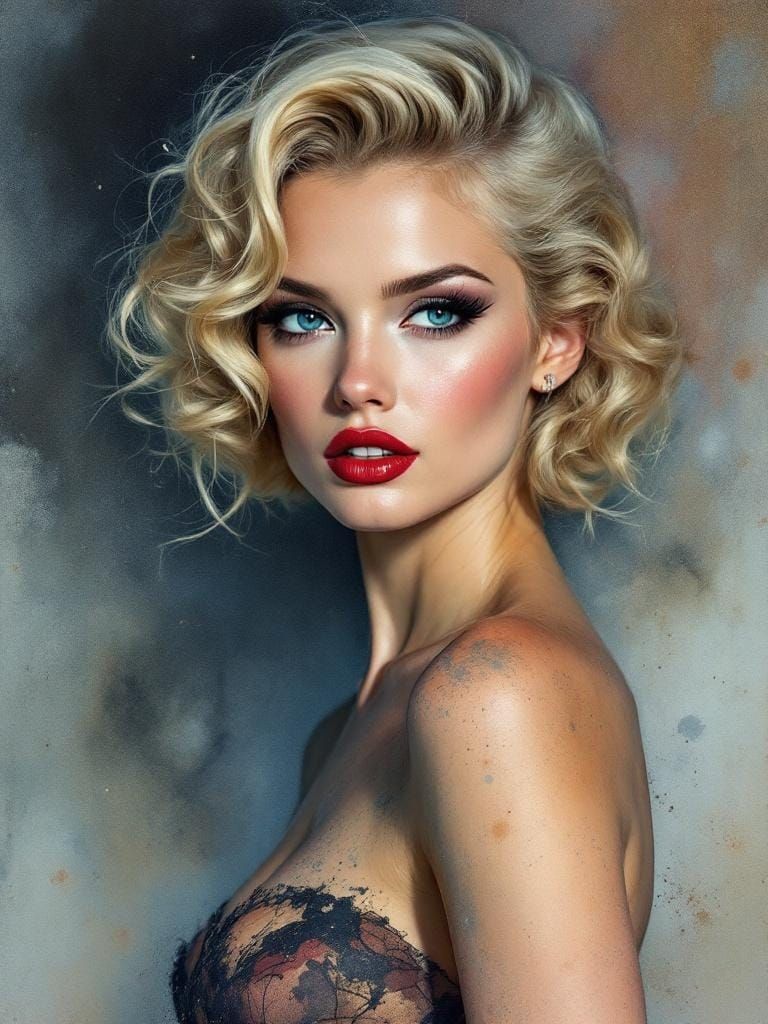 1950s Pin-Up in Whiskey-Splatter Watercolor Style