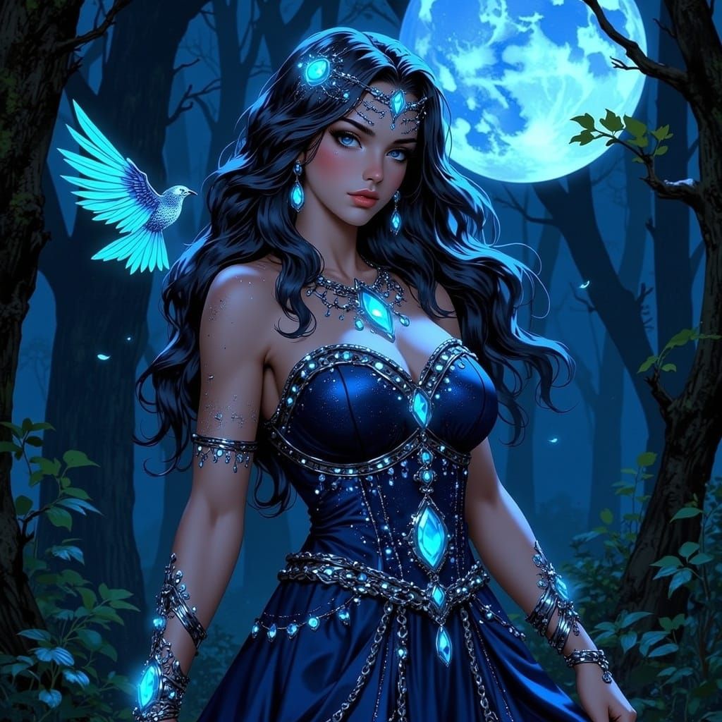 Mystical Woman in Moonlit Forest with Blue Gems