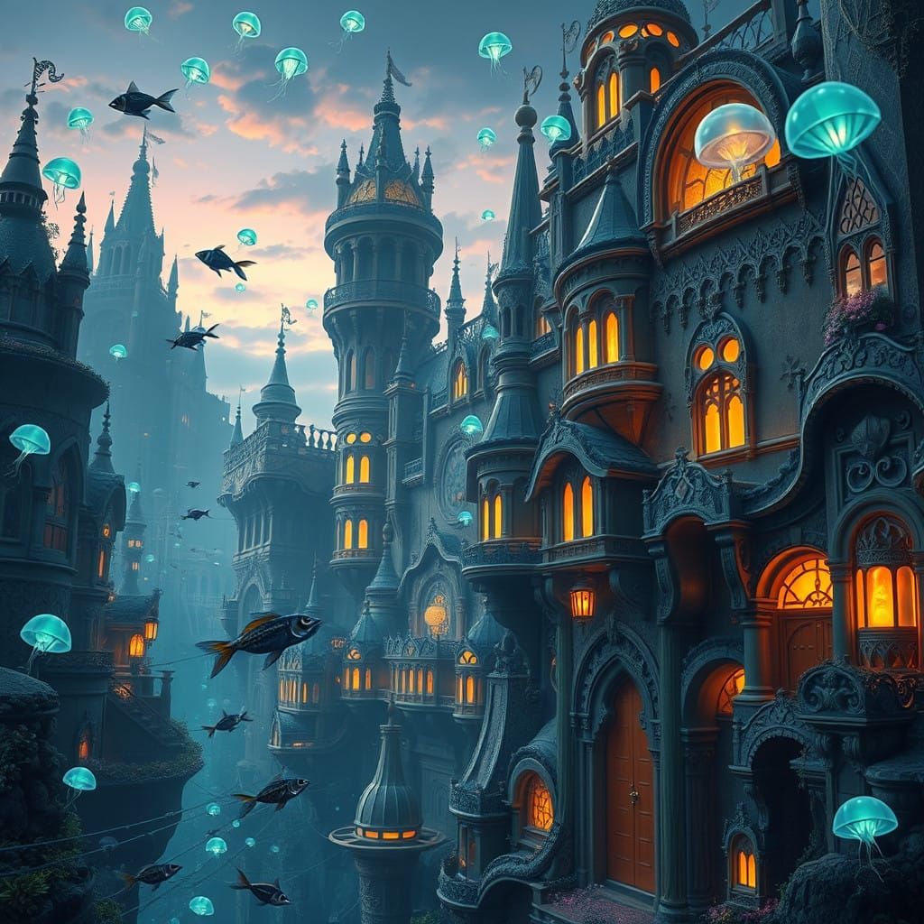 Ethereal Underwater Metropolis at Dusk