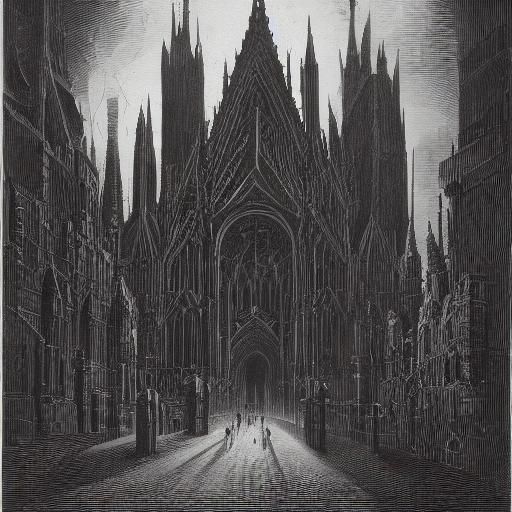 Eerie Gothic Cityscape in Post-Expressionist Abstract