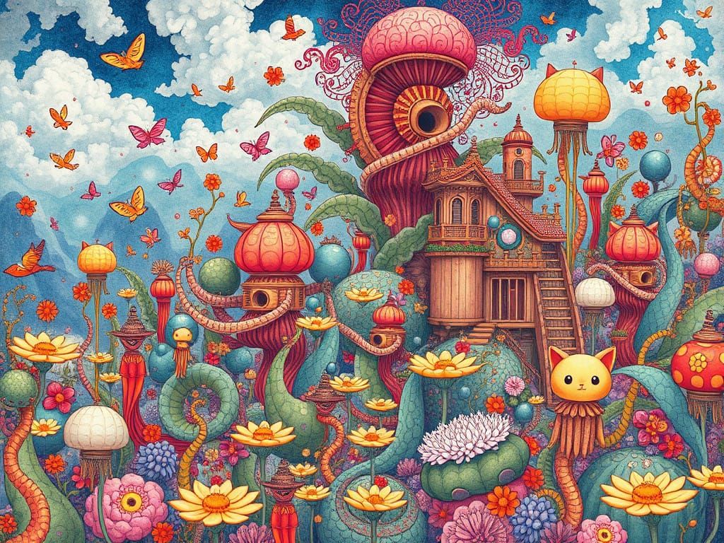 Whimsical Fantasy Scene in Intricate Illustration Style