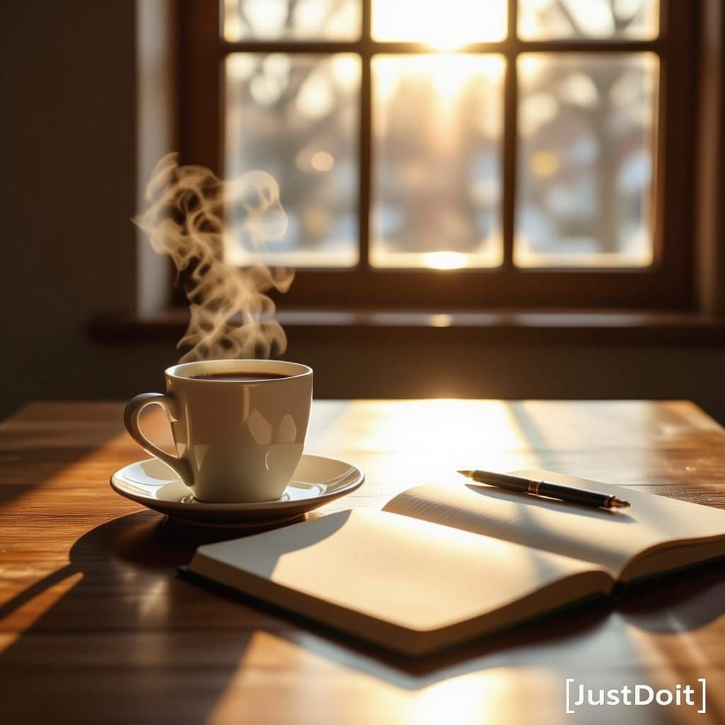 Steaming Coffee on Desk with Morning Light