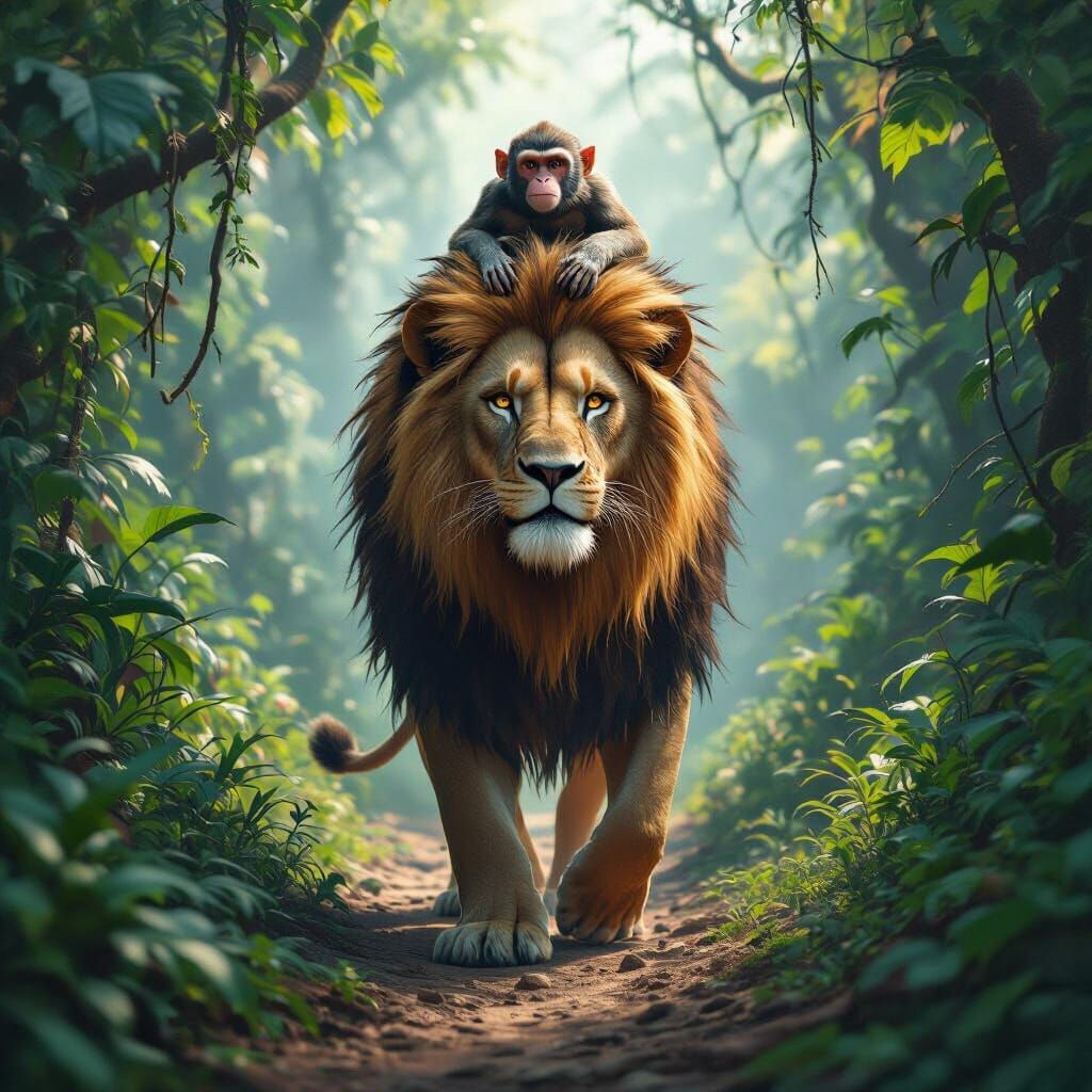 Majestic Lion with Monkey in Lush Jungle