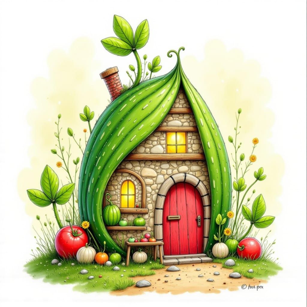 Whimsical Watermelon Hut Storybook Illustration