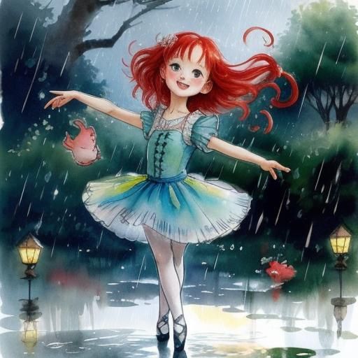Red-Haired Girl's Ballet in Rainy Chibi Style