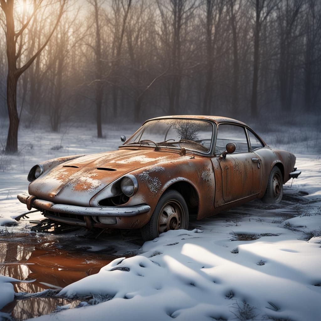 Burnt Out Car in Snow: Photorealistic Detail