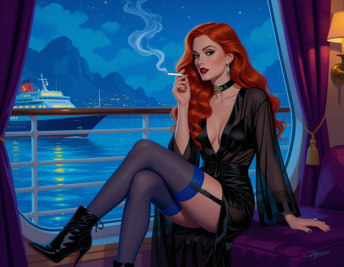 Gothic Woman with Red Hair on Cruise Ship