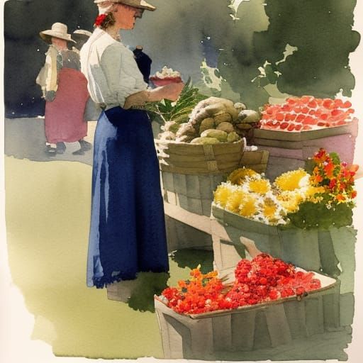 Farmers Market Woman in Loose Watercolor Style