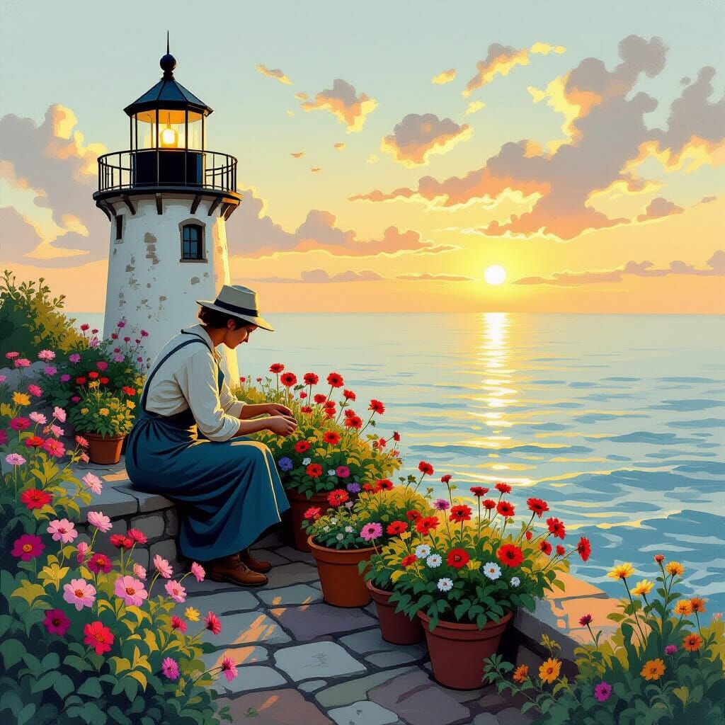 Lighthouse Keeper Tends Exotic Rooftop Garden at Sunset