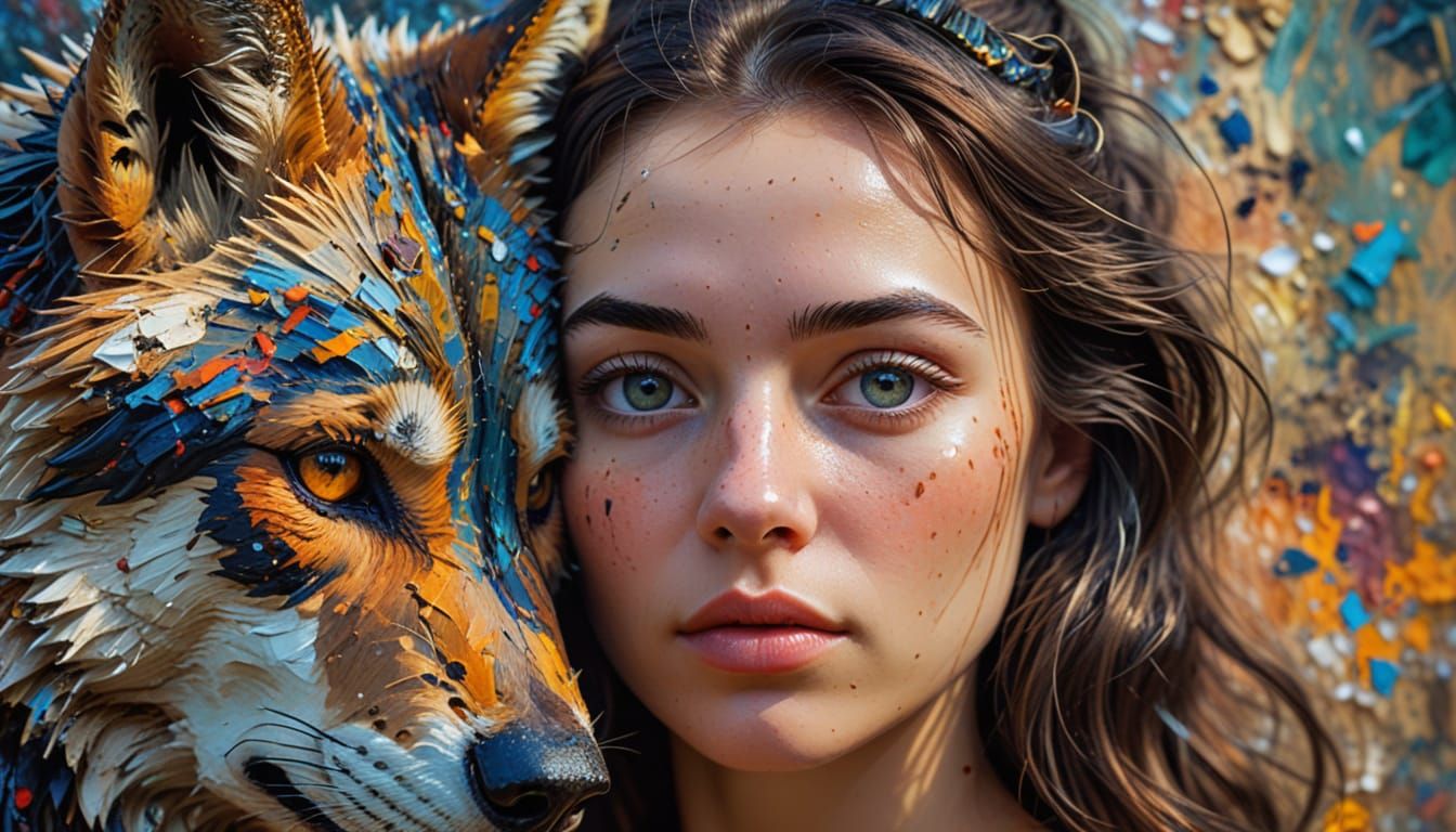 Impressionist Masterpiece: Girl and Wolf in Thick Gouache La...