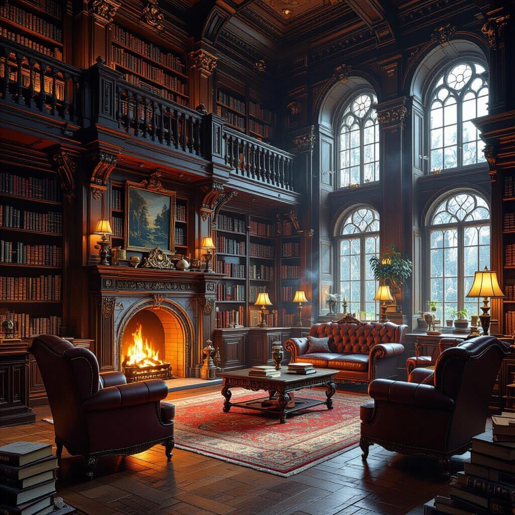 Victorian Library Interior with Mystical Ambiance