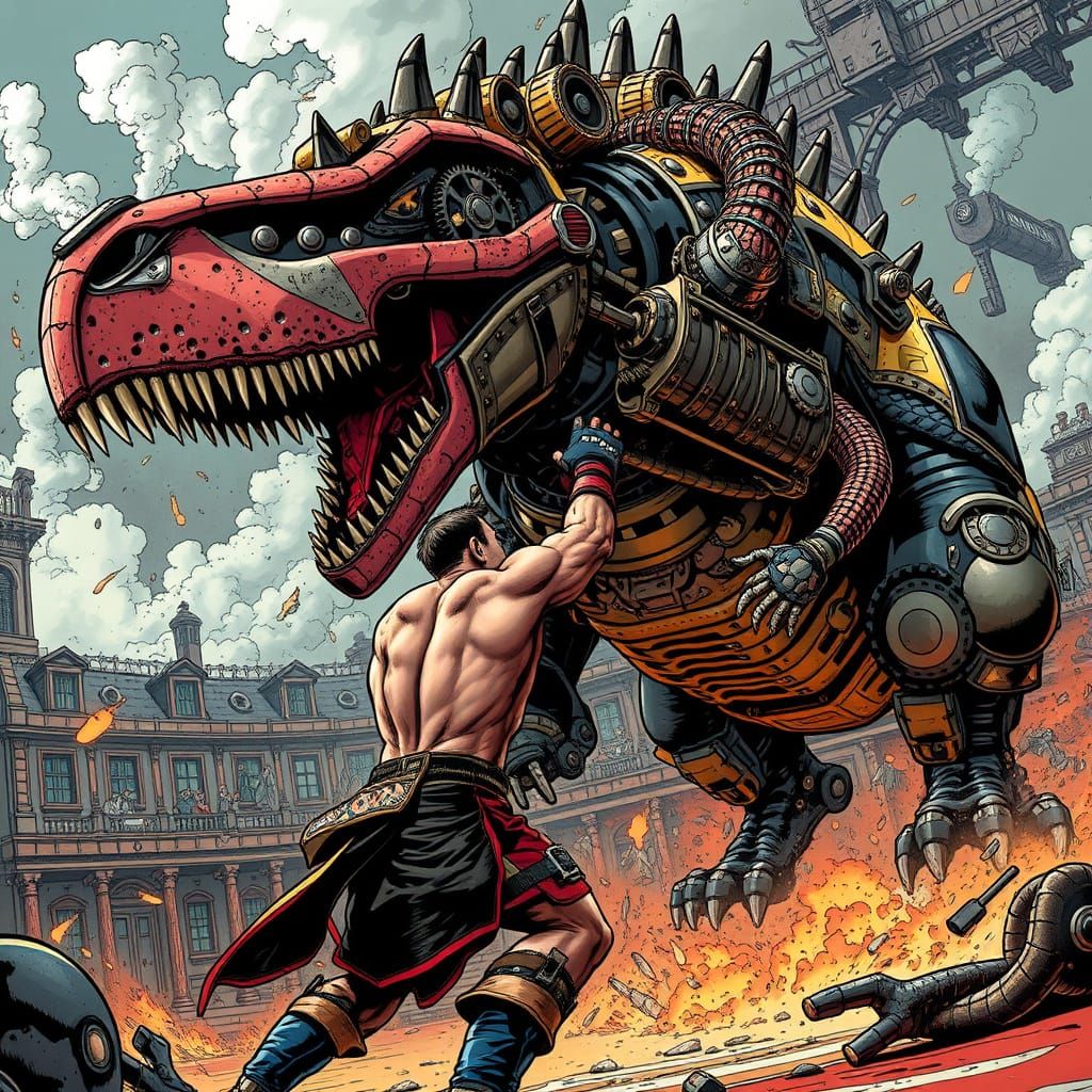 Steampunk Gladiator Battles Robot Dinosaur in Arena
