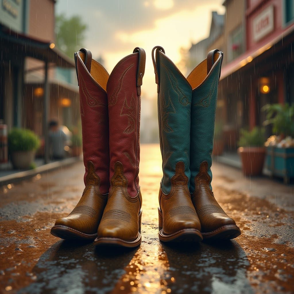 Cowboy Boots in Rainy Street, Warm Lighting Style