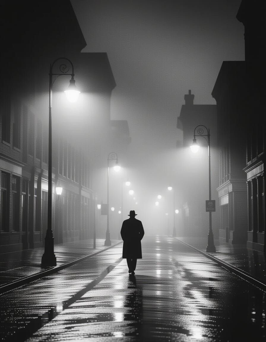Noir Figure Walking in Rain-Slicked Street