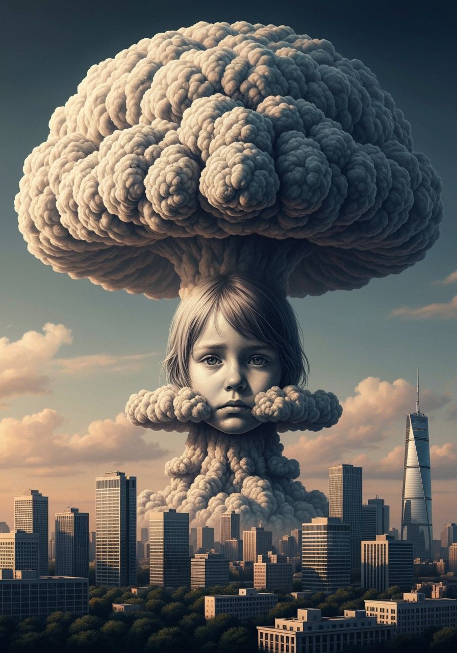 Mushroom Cloud Over City Skyline in Expressive Oil Painting ...