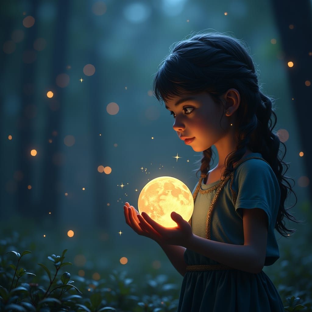 Girl Holding Moon Illuminated in Darkness