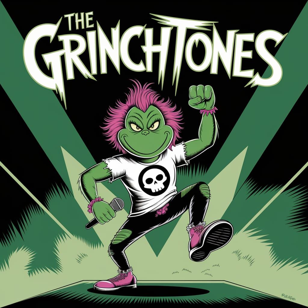 In a vibrant digital art illustration, "The Grinchtones" emblazoned in a rock and roll fantasy font, triple bold, double...