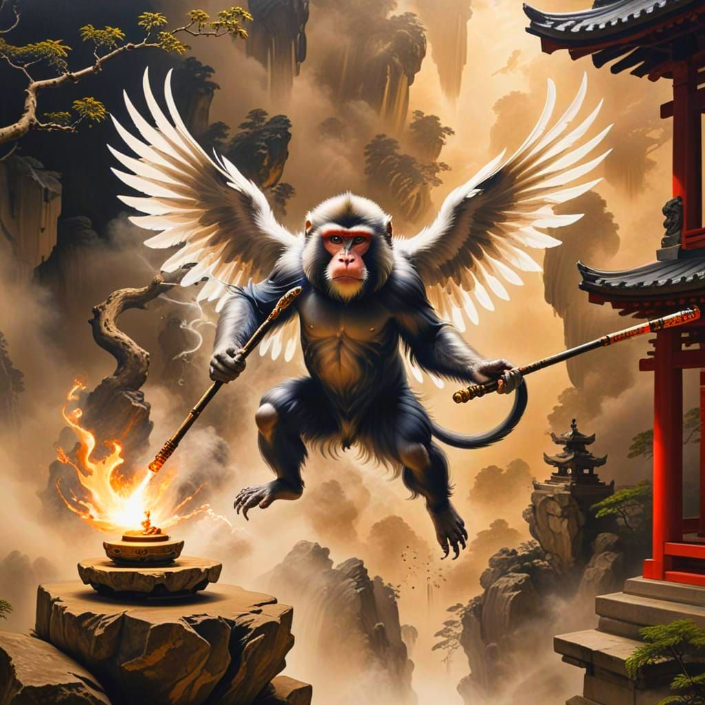 Winged Macaque in Flight, Divine Aura, Shinto Shrine