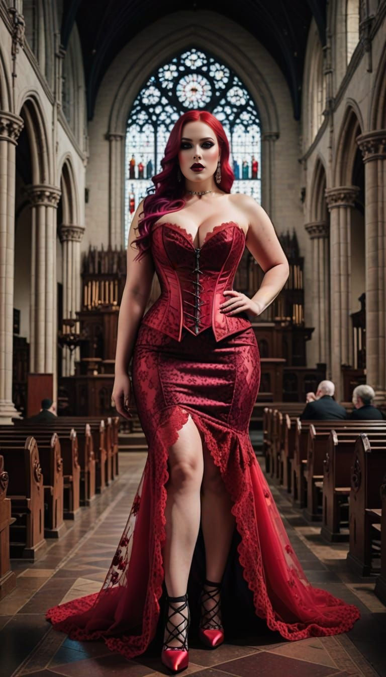 Curvy Woman in Red Lace Corset at Church