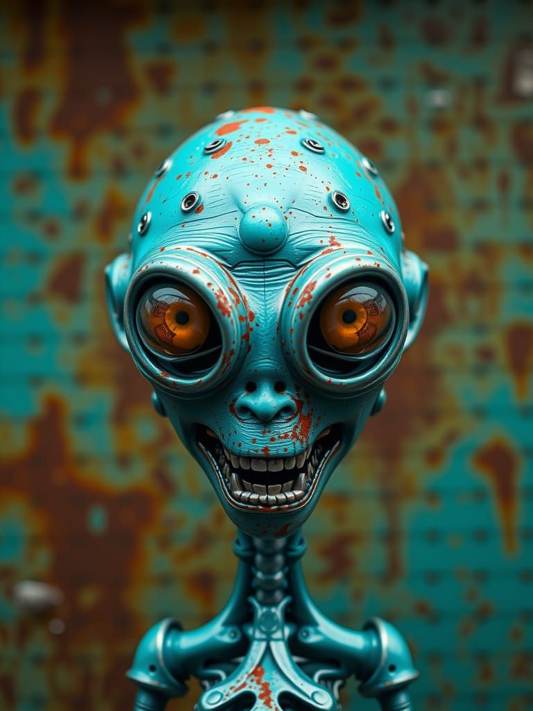 Grotesque Turquoise Alien Portrait in Hyperrealistic Style