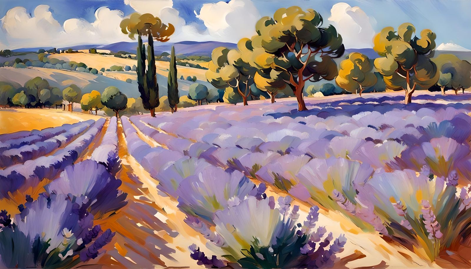 Lavender Field in Provence in Impressionist Style