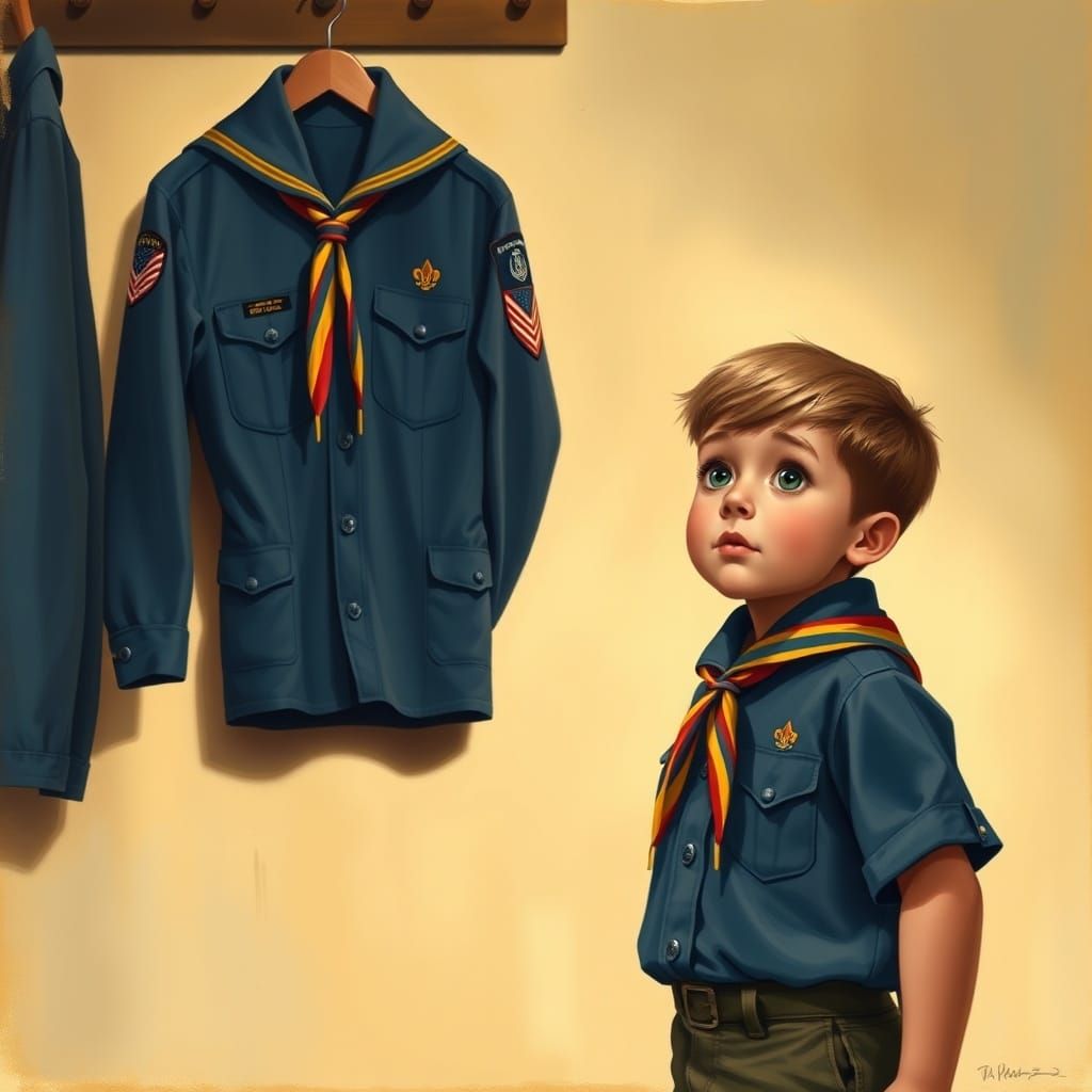 Cub Scout Gazes at Eagle Scout Uniform in Rockwell Style