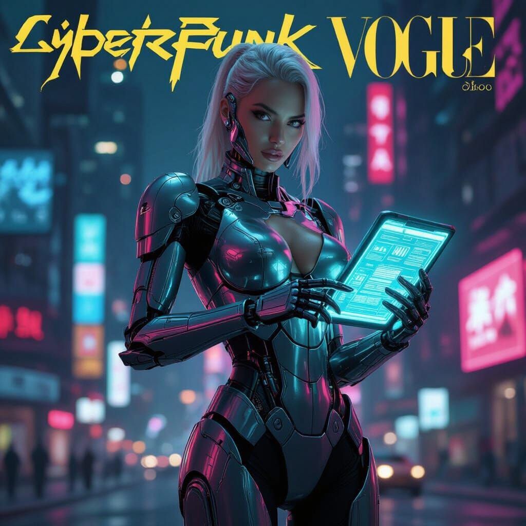 Cyberpunk Vogue: Metallic Cyborg in Neon Cityscape