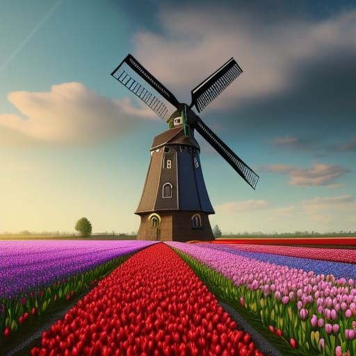 Dutch Windmill In Tulips