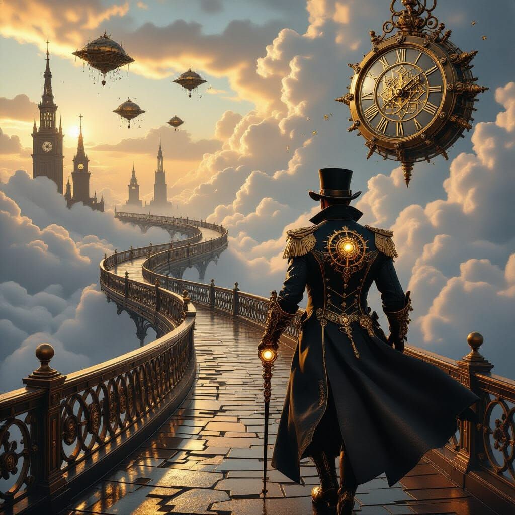 Steampunk Gentleman on Brass Causeway in a Surreal Sky