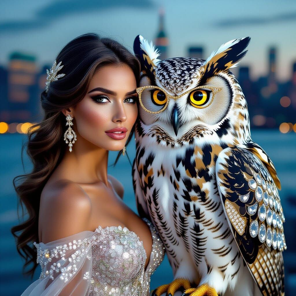 Woman and Crystal Owl in Hyperrealistic Style