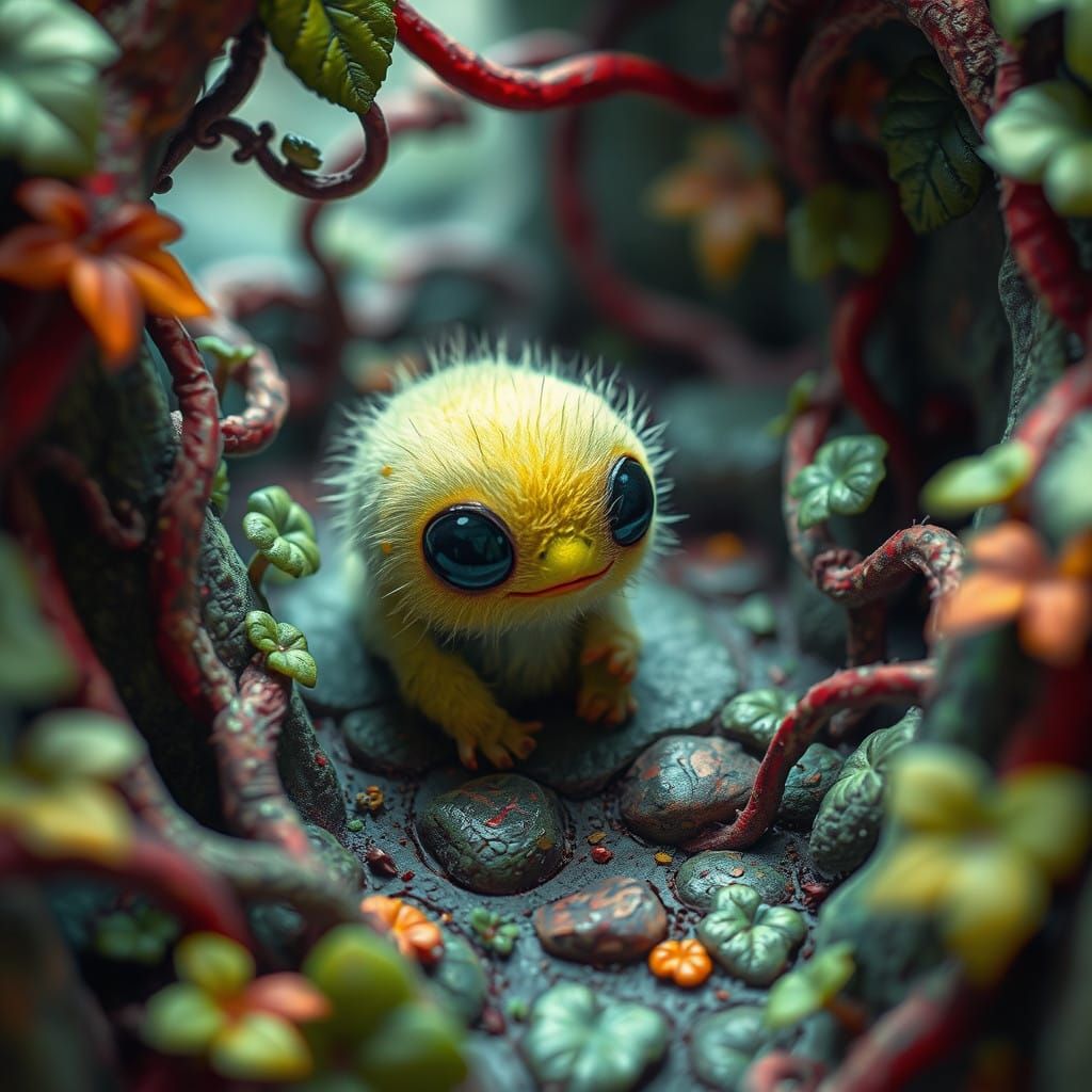 Furry Alien Entity in Twisted Ivy Maze, Whimsical Horror Art