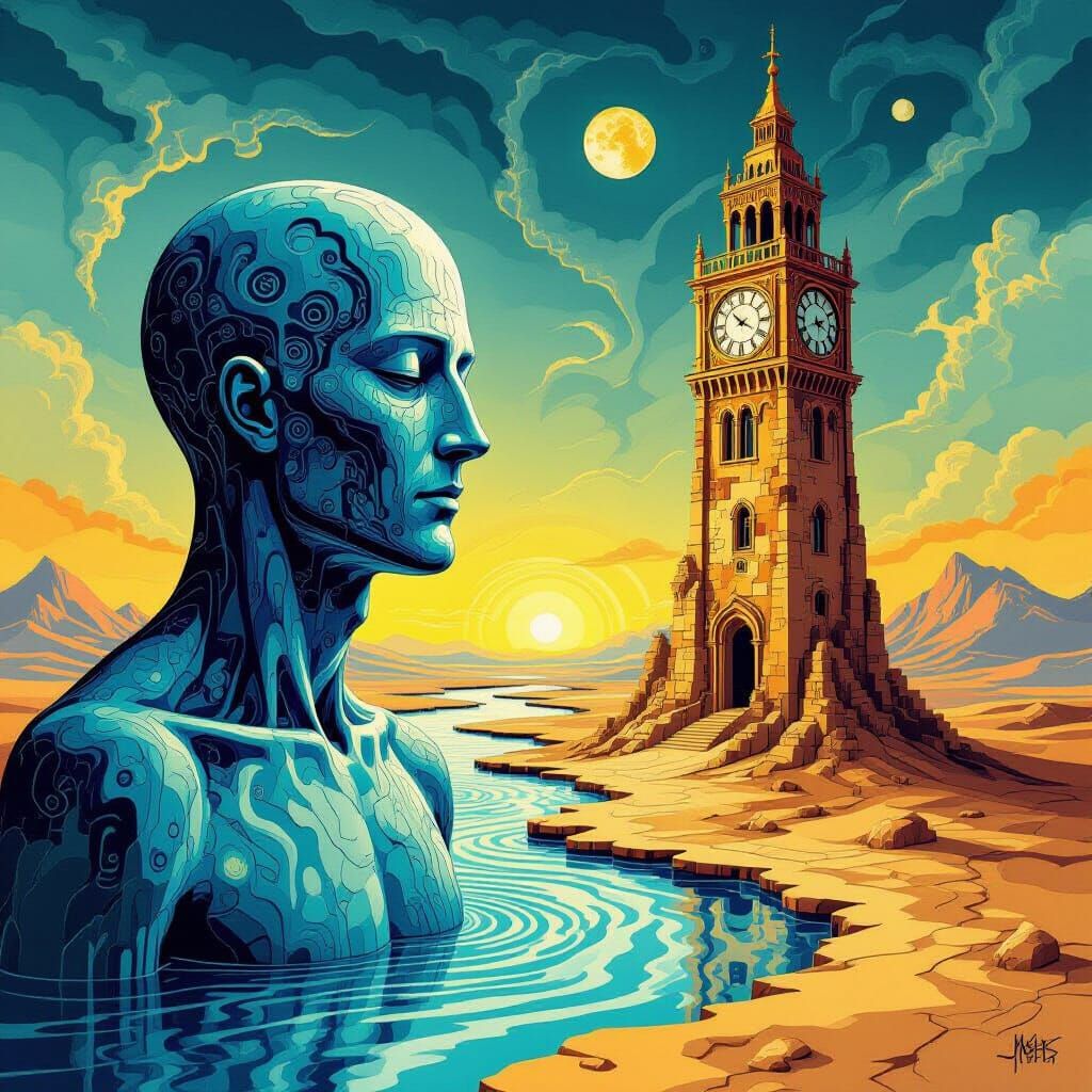 Surreal Melting Man in De Chirico Style Landscape