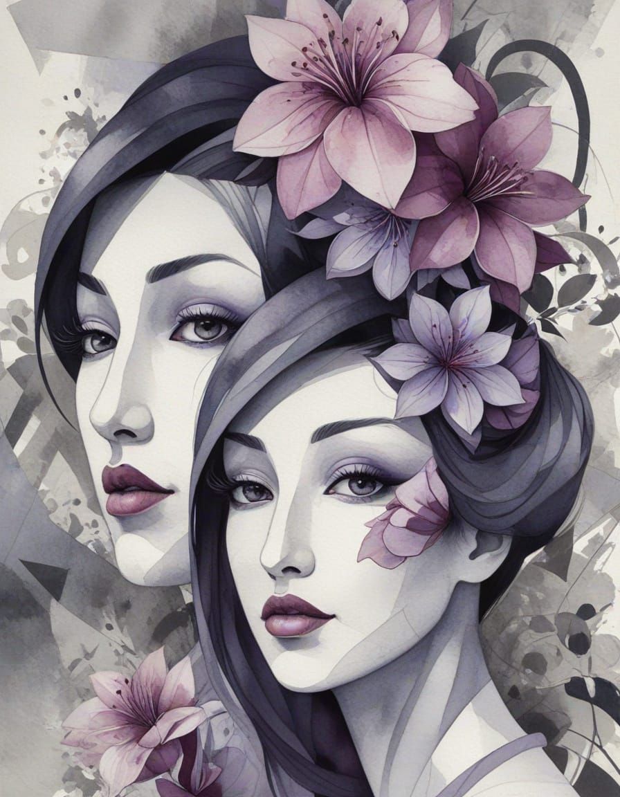 Abstract Cubist Watercolor Painting with Geishas