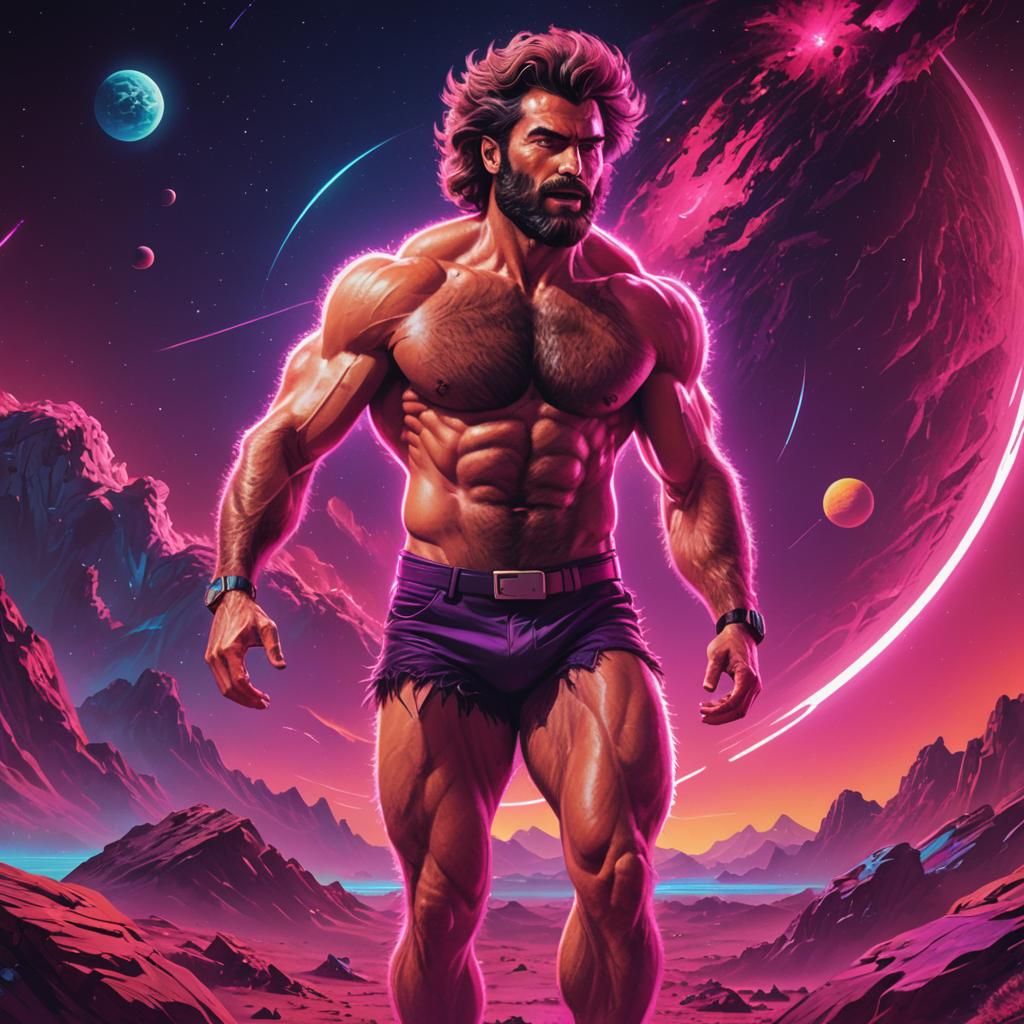 Shirtless Man Landing on Planet in Synthwave Style