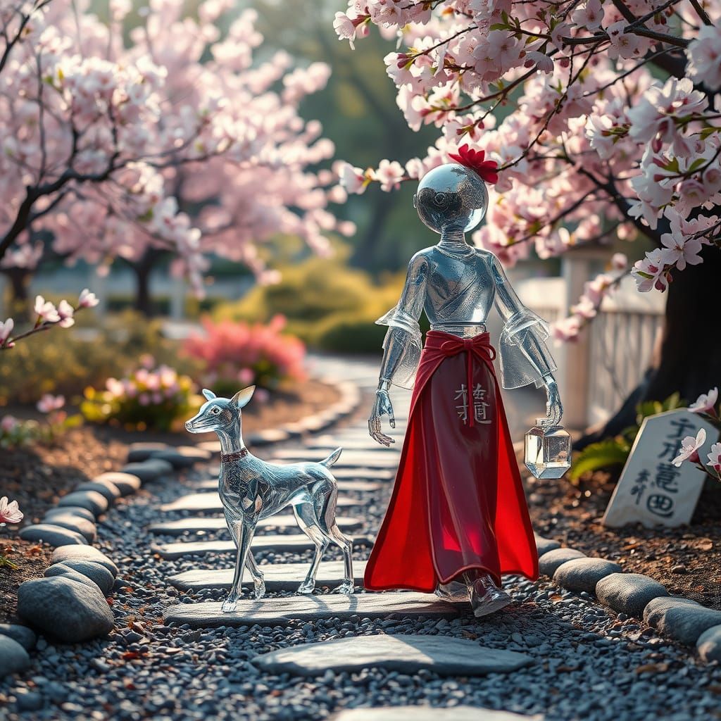 Ethereal Glass Robot Strolls with Crystal Companion in Japan...