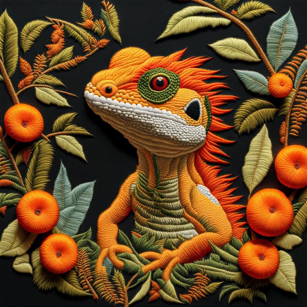 Lizard with Punk Hair: 3D Embroidery Art