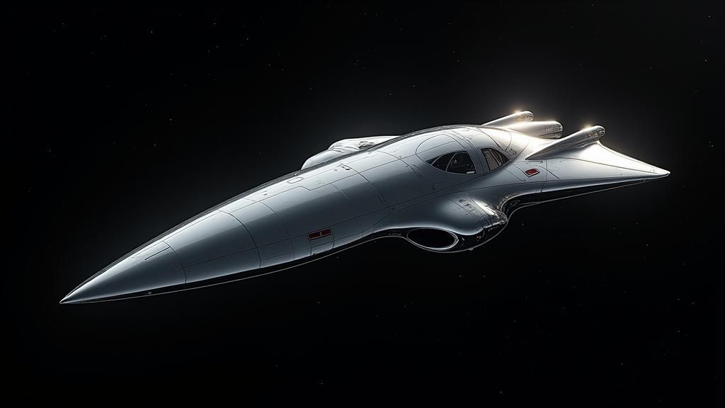 Sleek Chrome Spaceship Ascends in Vintage Film Still