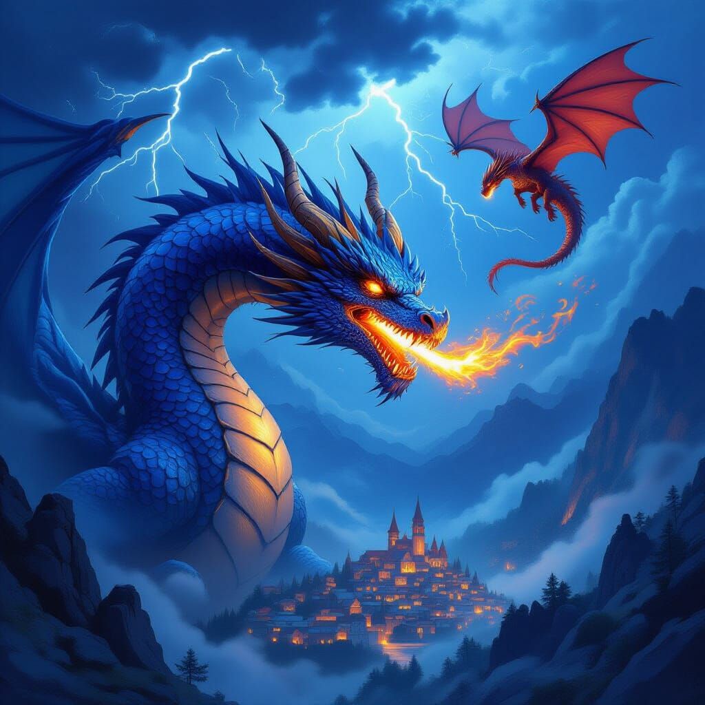 Epic Dragon Battle in Stormy Night Sky
