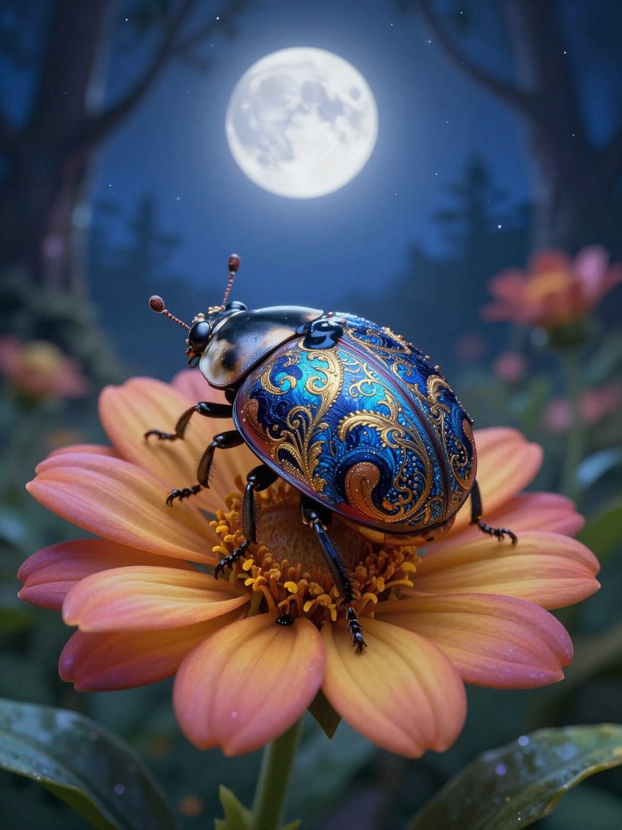 Detailed Ladybug on Flower in Enchanted Forest