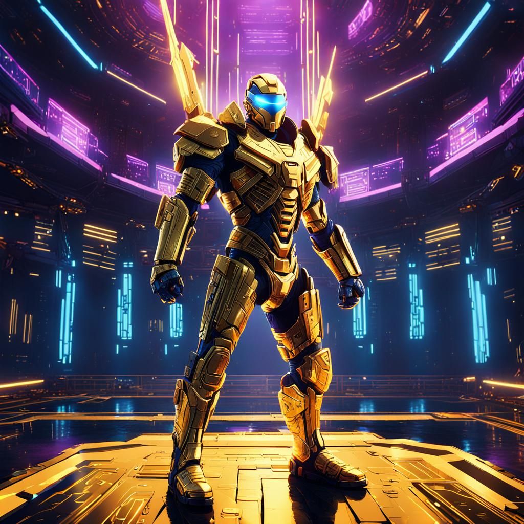 Glowing Metallic Warrior in Futuristic Arena