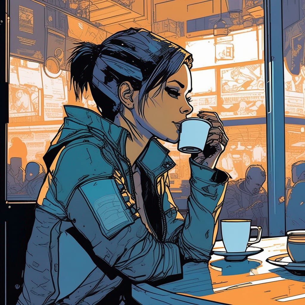 Woman Sipping Coffee: Cel-Shaded Comic Book Style