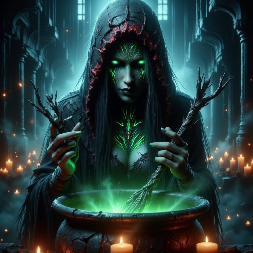 Dark Fantasy Witch Stirring Cauldron with Eerie Green Liquid