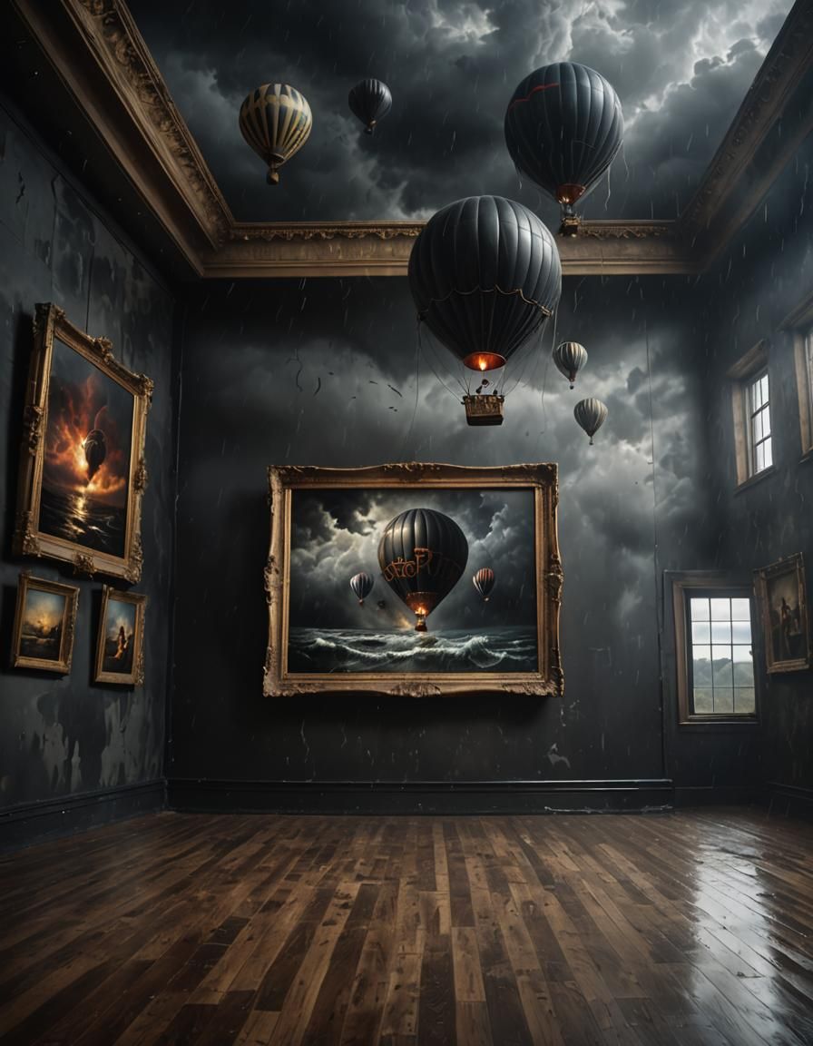 Stormy Hot Air Balloon Emerges from Museum Painting