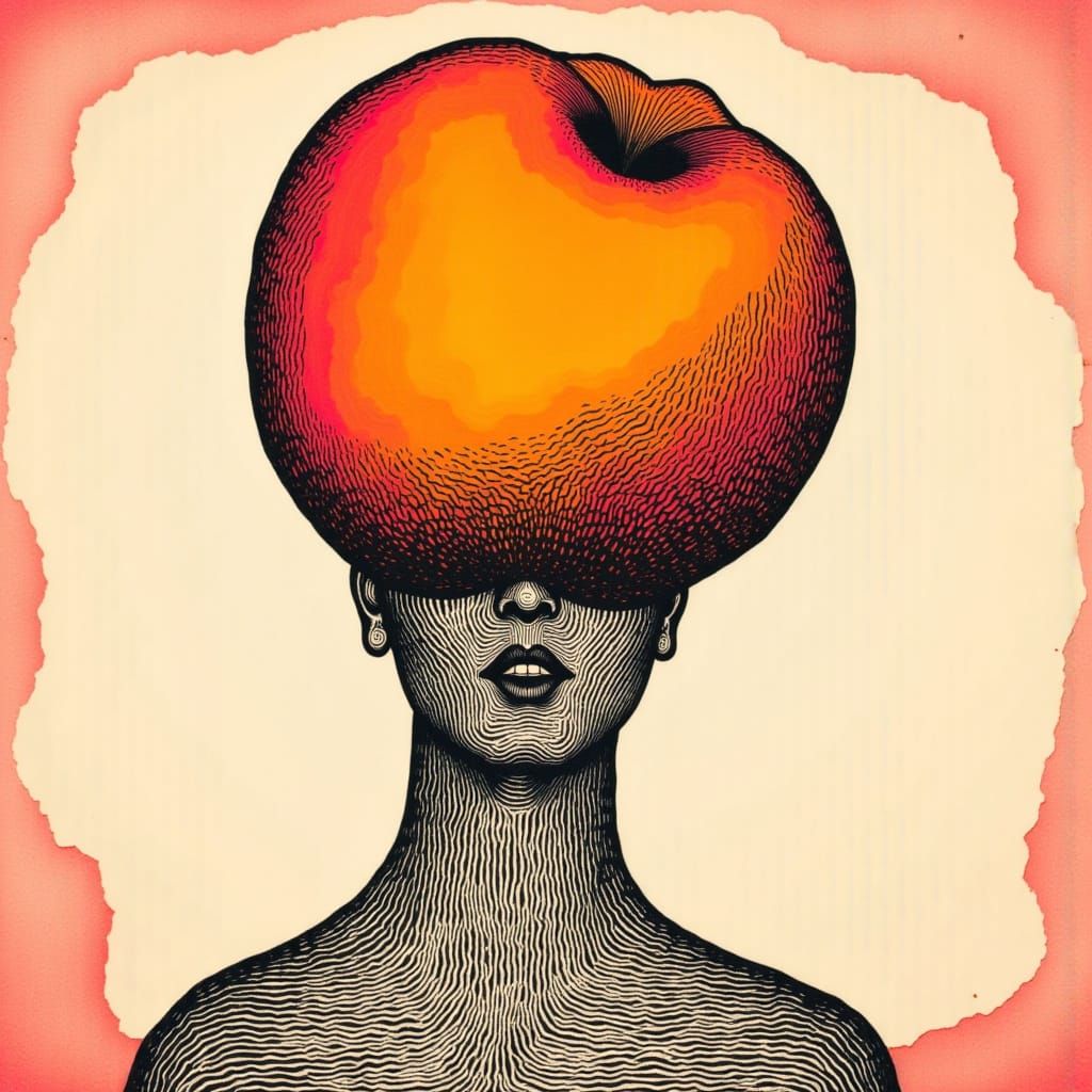 Minimalist Linocut Figure with Peach Head