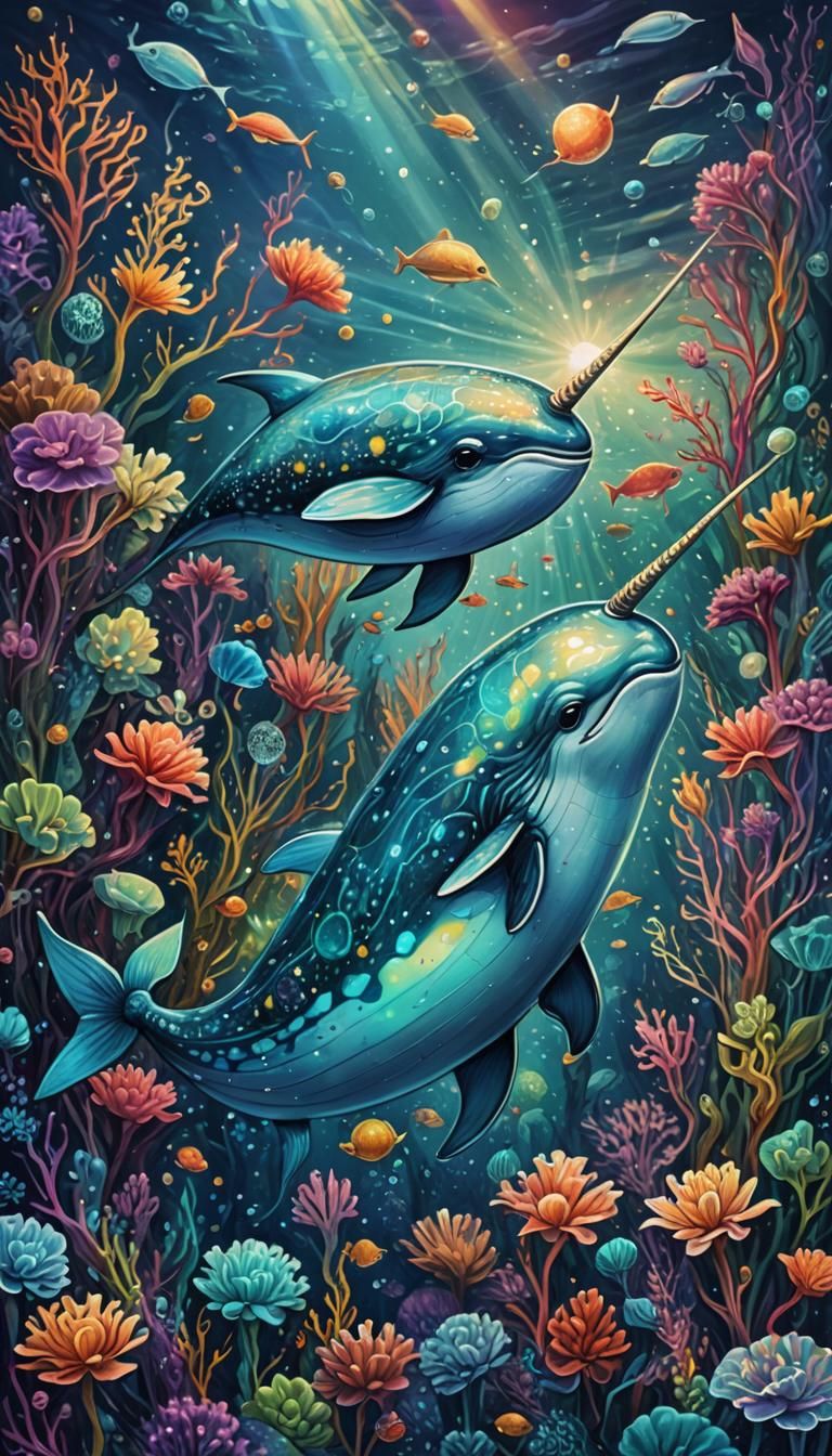Underwater Narwhal in Holographic Astral Illustration